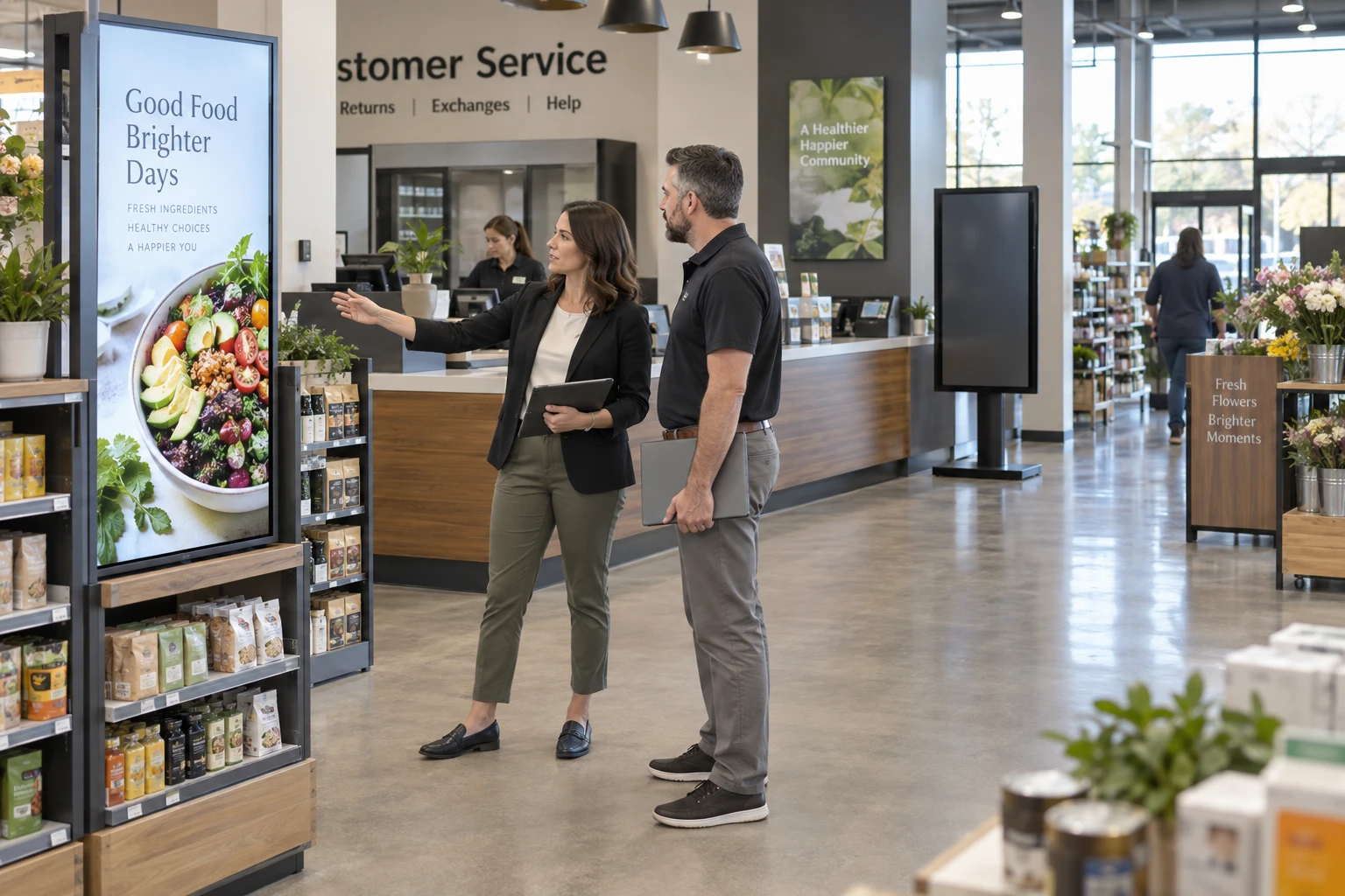 Retail manager and signage provider discussing another display location.