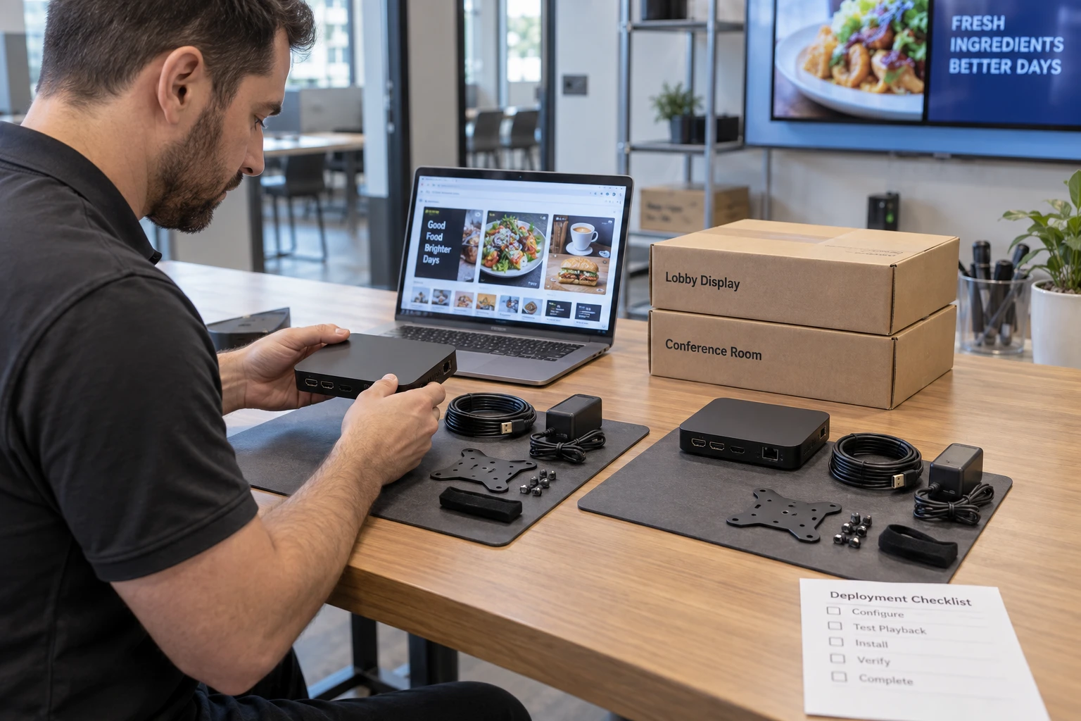 Technician preparing consistent digital signage equipment kits.