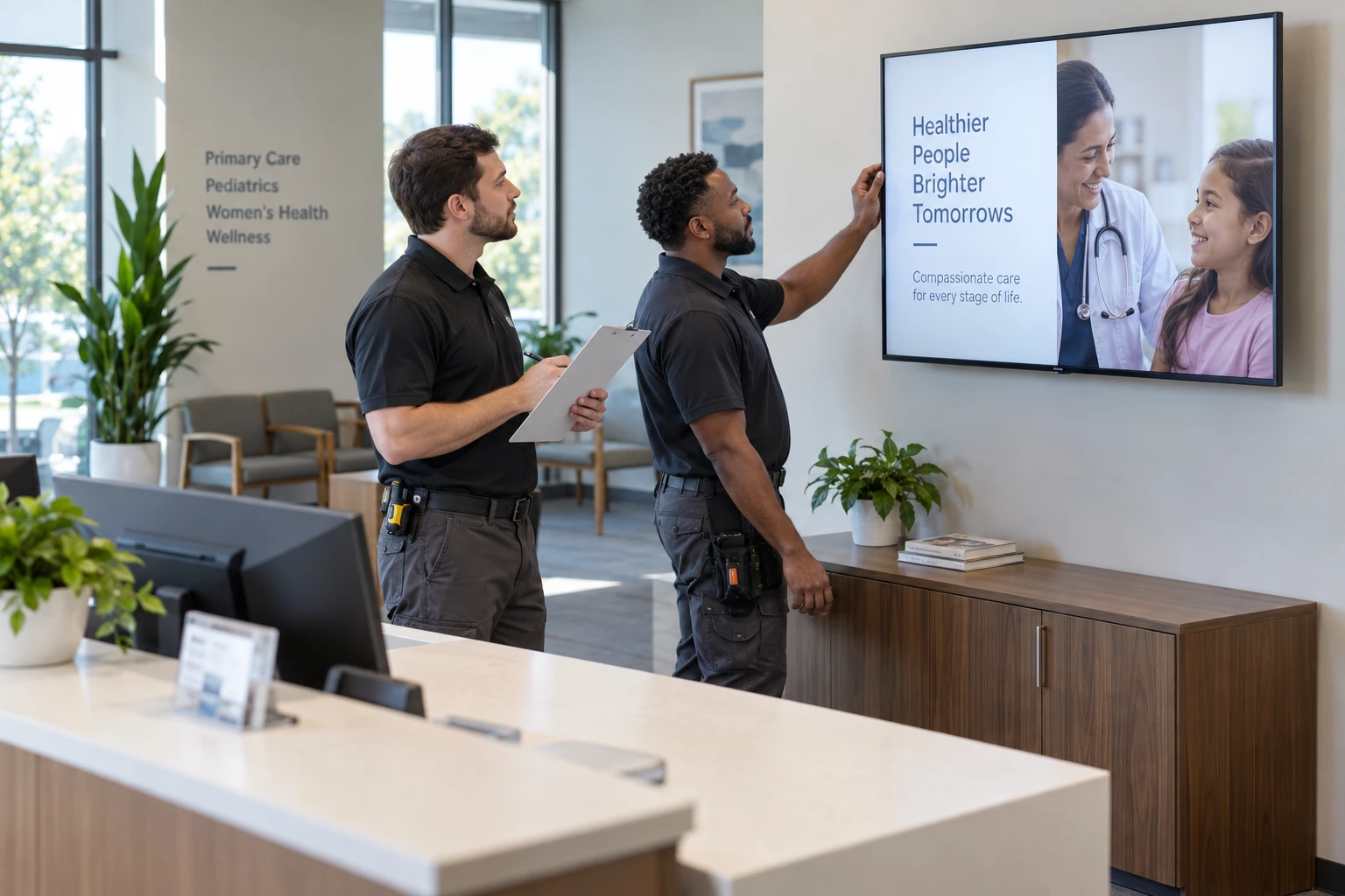 Installers checking a commercial display before customer handoff.