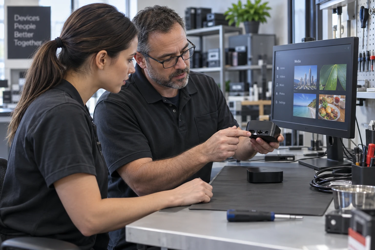 Technicians reviewing a media player at a support bench.