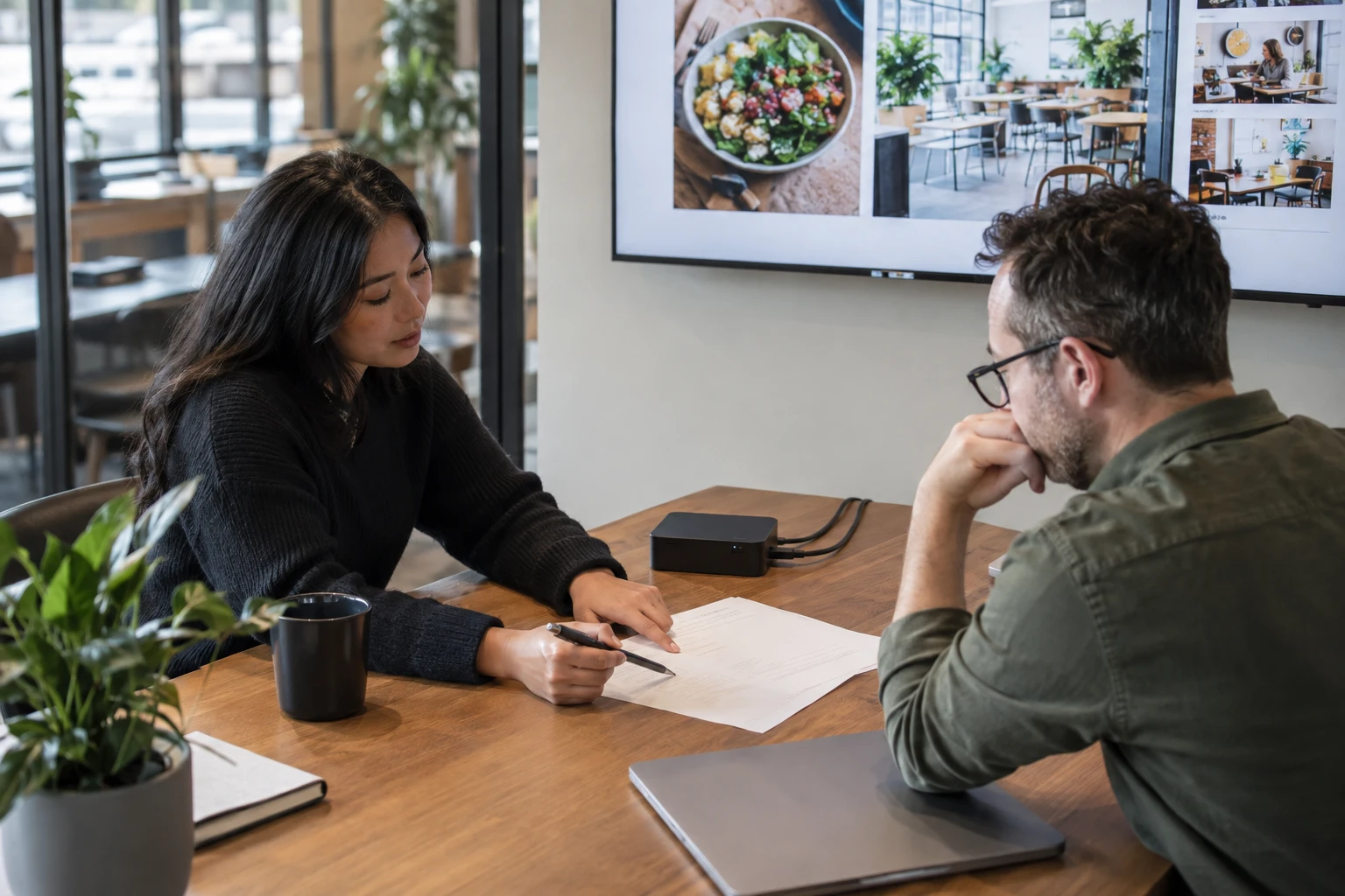 Provider and colleague reviewing program cost requirements.
