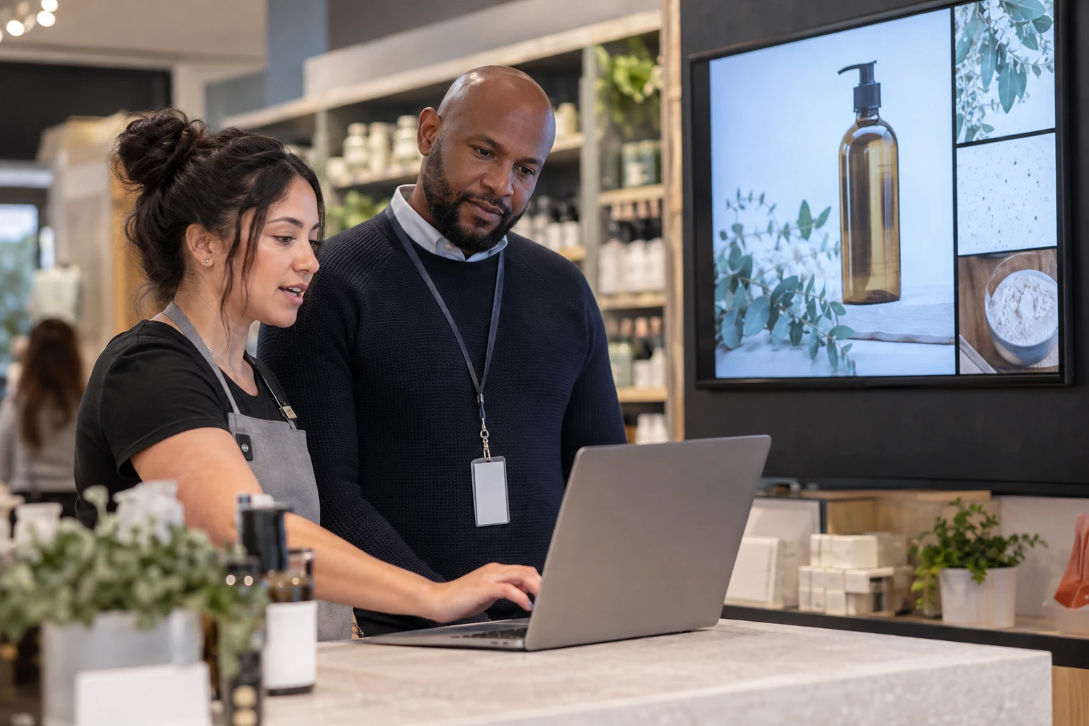 Retail employee trying a signage content task during evaluation.
