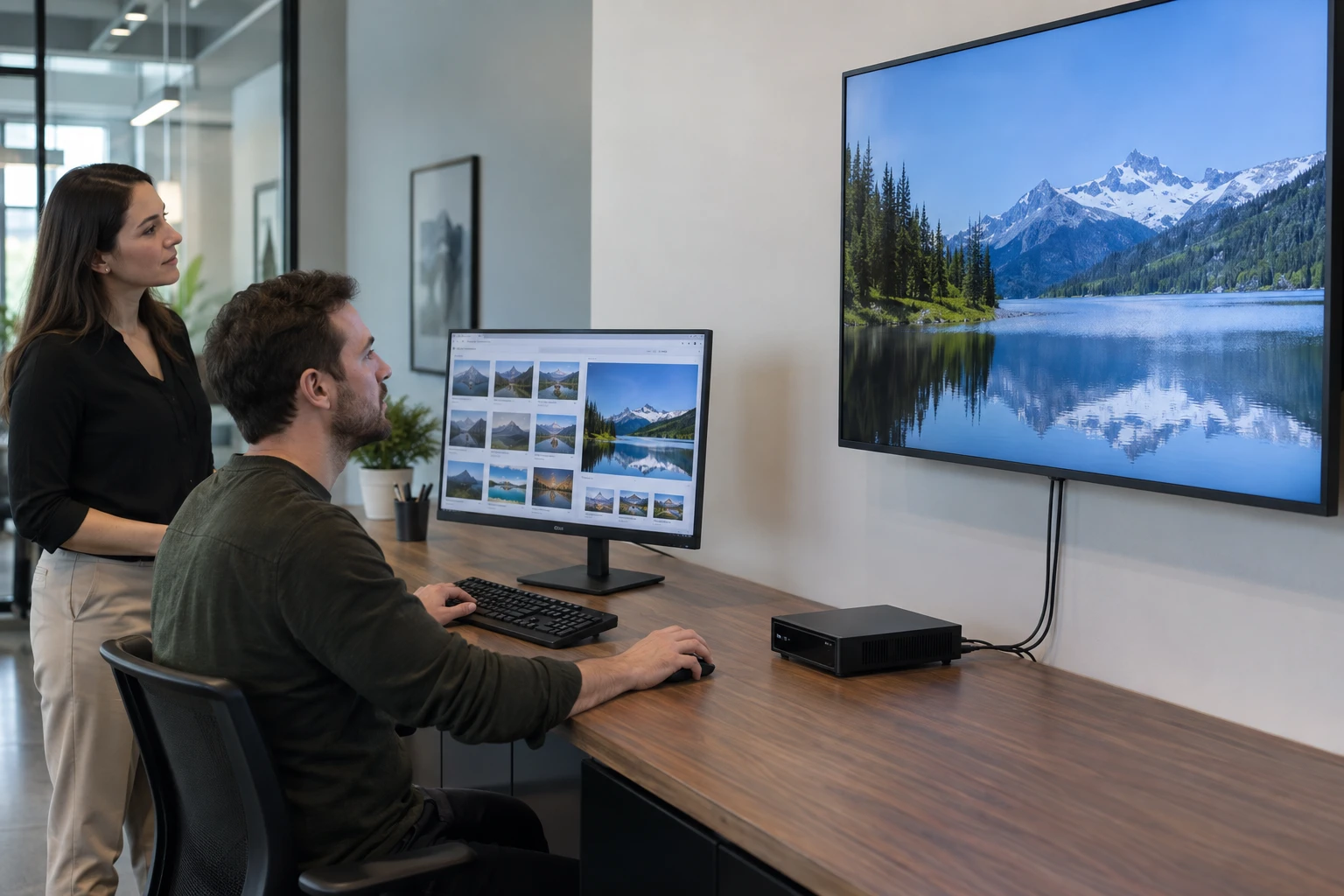 CMS workstation, media player and display in a practical demonstration setup