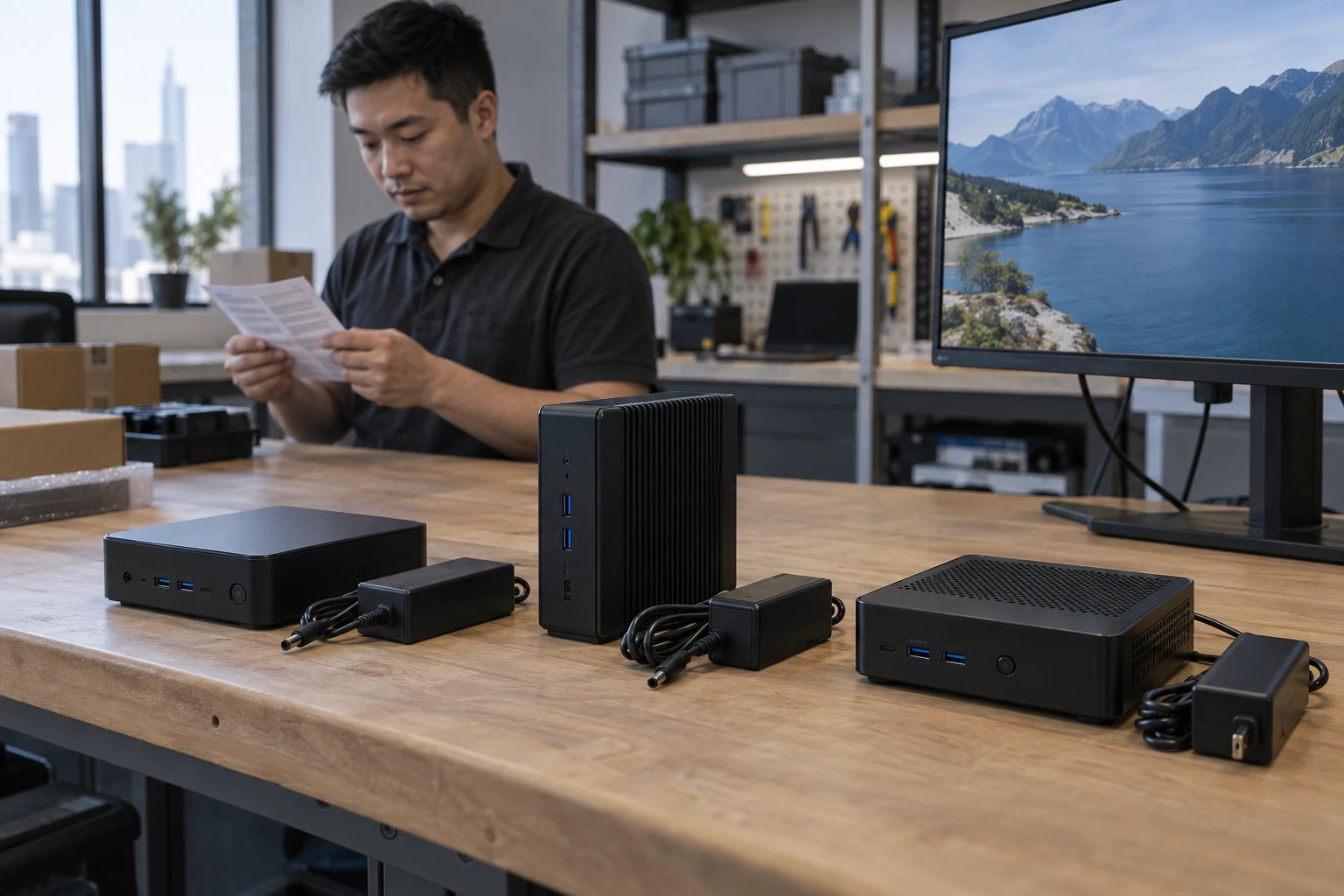 Integrator comparing compact player hardware beside a test display