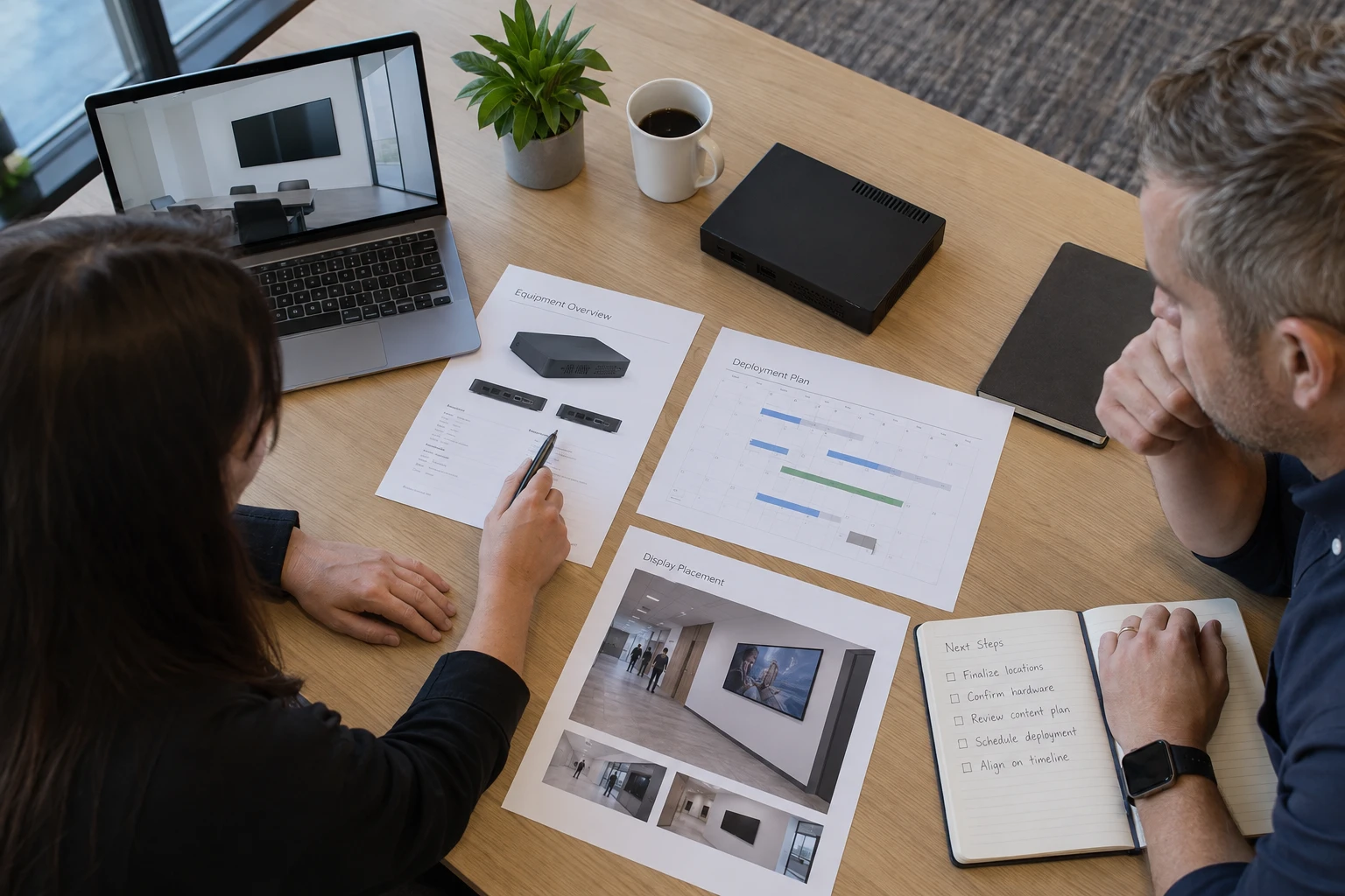 Integrator reviewing hardware and support requirements for a signage rollout