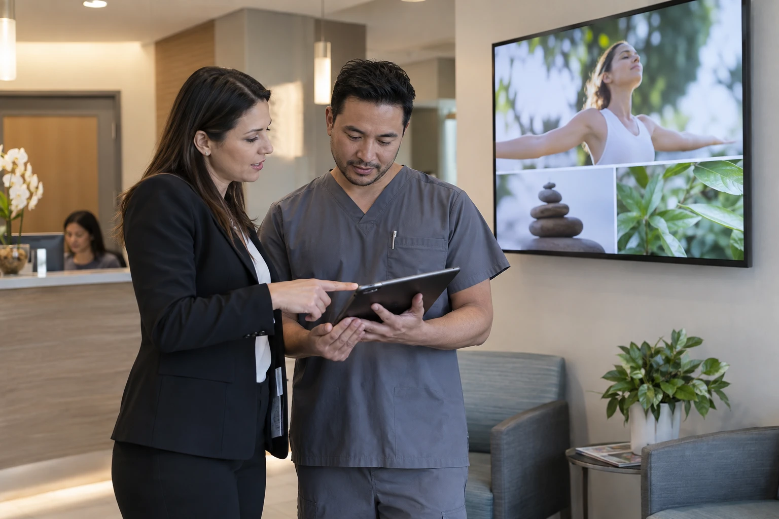 Provider discussing service options with a business customer.