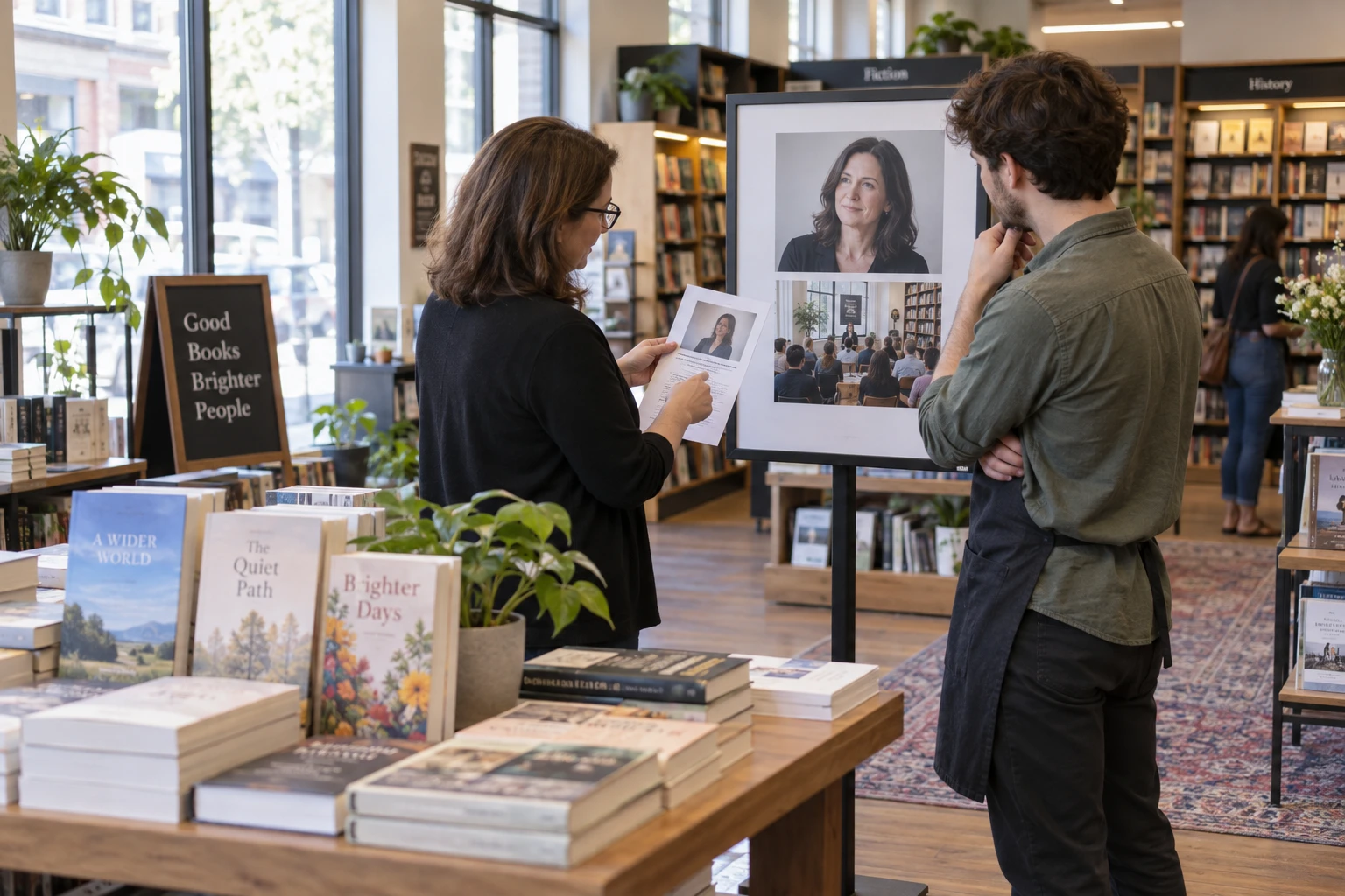 Bookshop manager reviewing a proposed event display with a provider