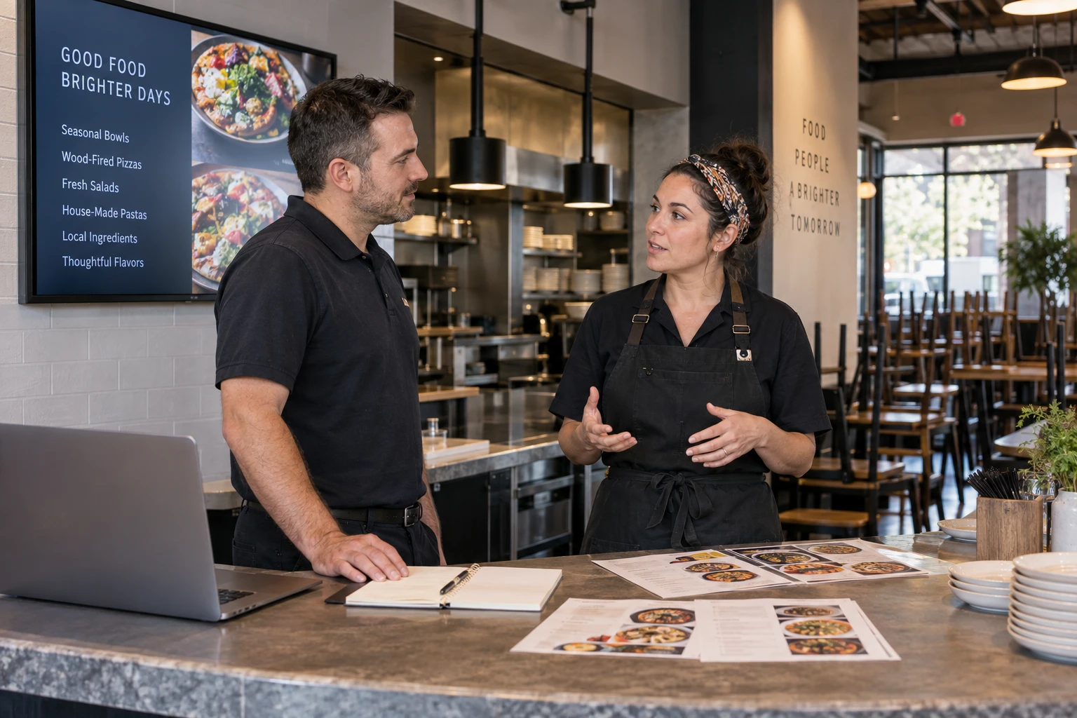 Provider discussing menu-update work with a restaurant owner.