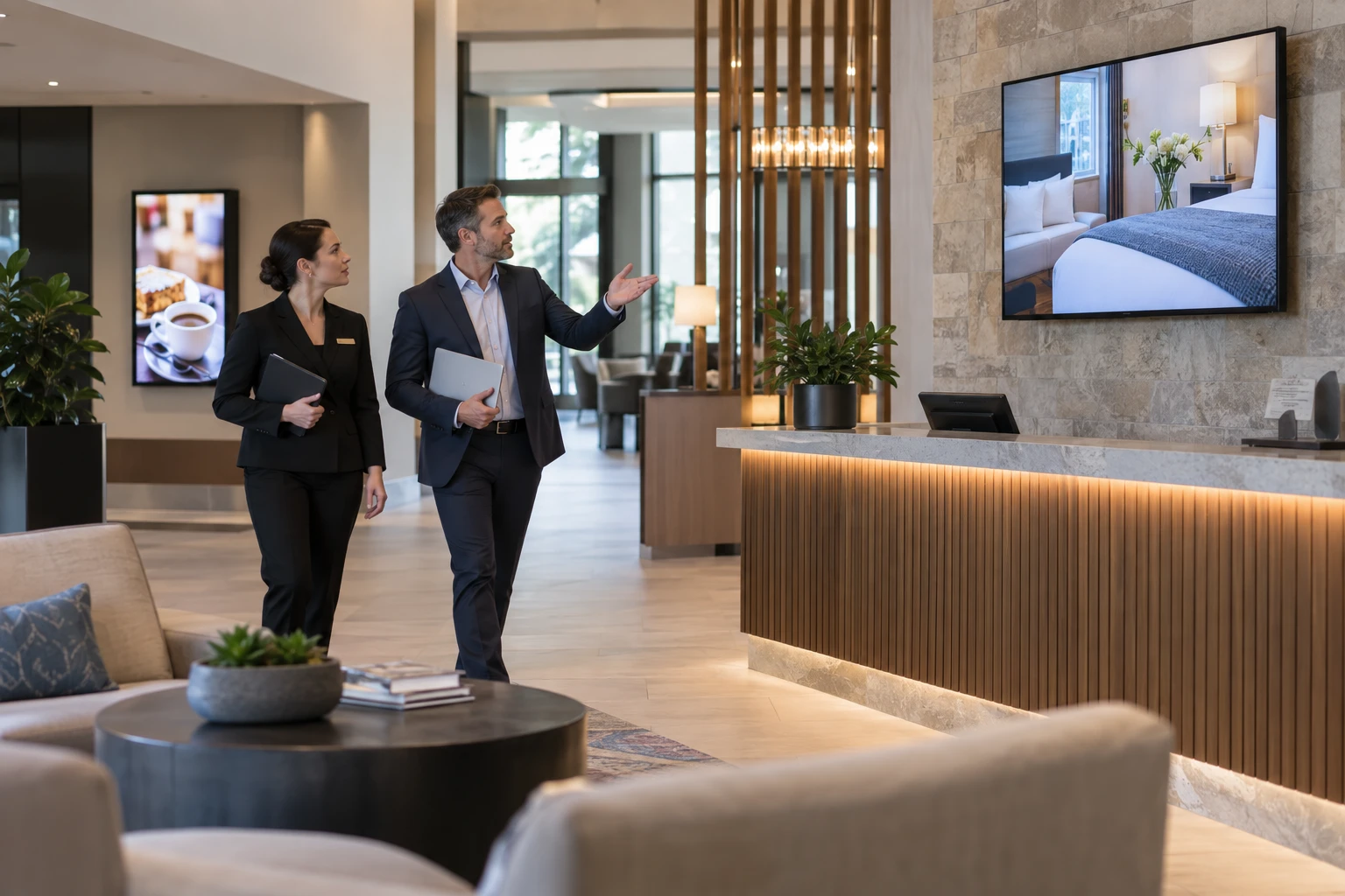 Hospitality manager and provider reviewing a pilot signage installation.