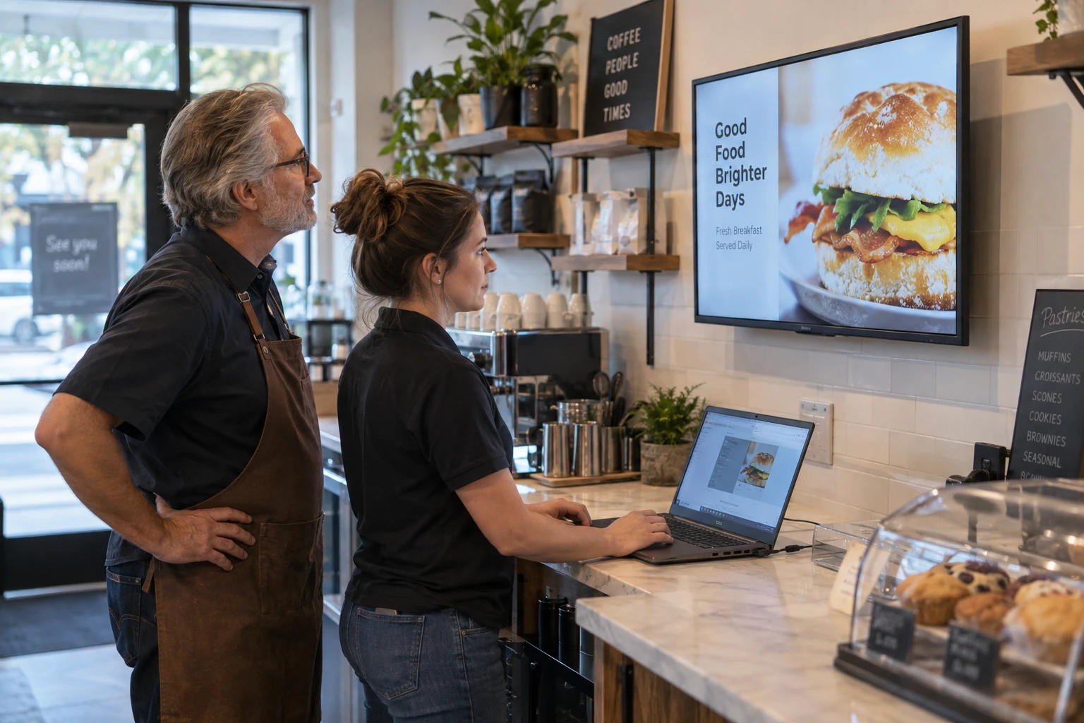 Provider demonstrating digital signage to a small-business owner.