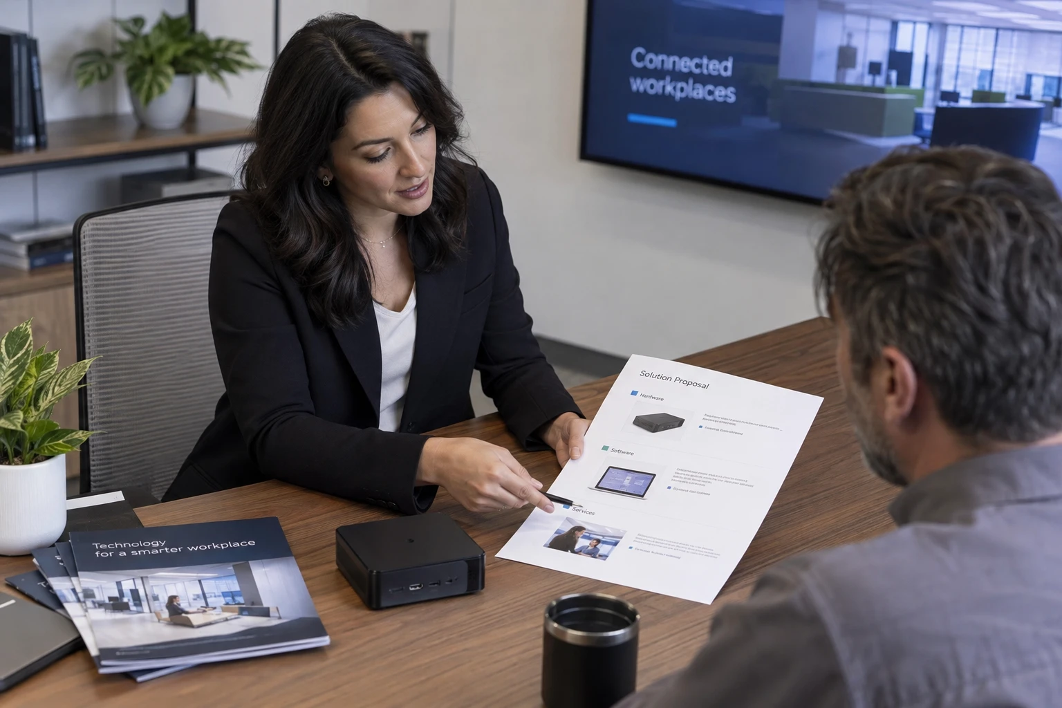 Provider preparing digital signage service packages and proposal.