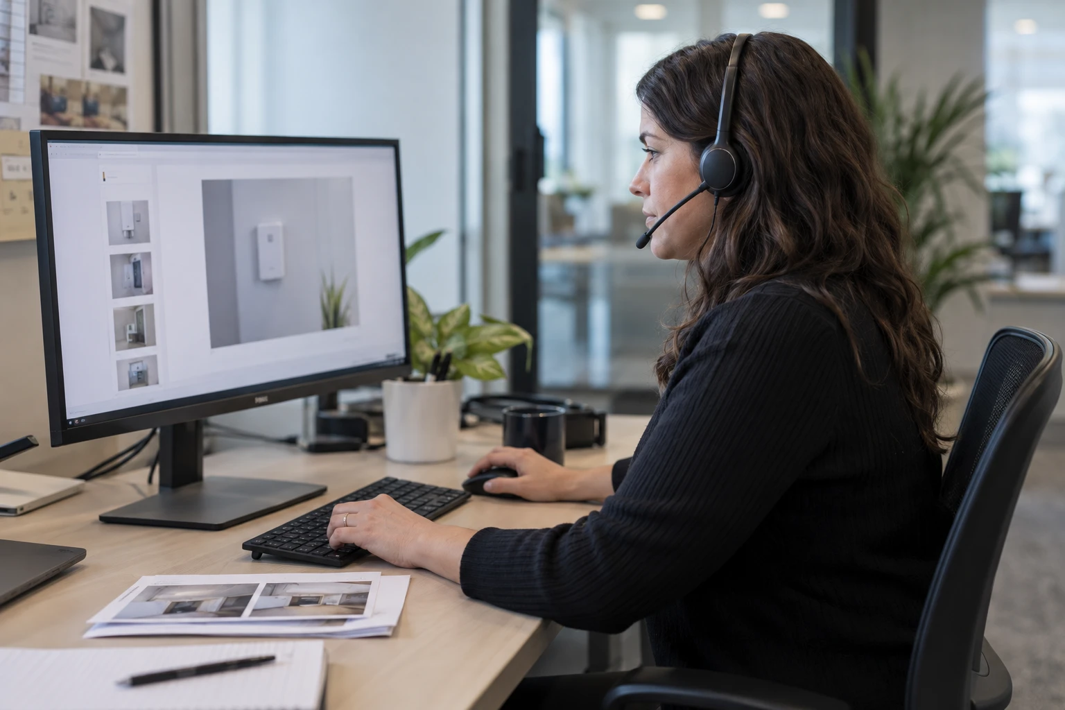 Support employee reviewing a customer’s screen content at one workstation