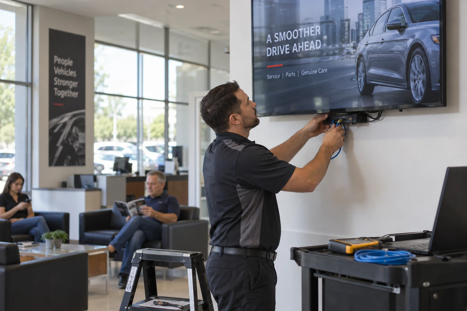 Technician checking connections during signage troubleshooting.
