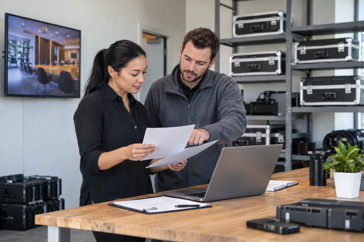 Colleagues comparing active signage equipment with service records.
