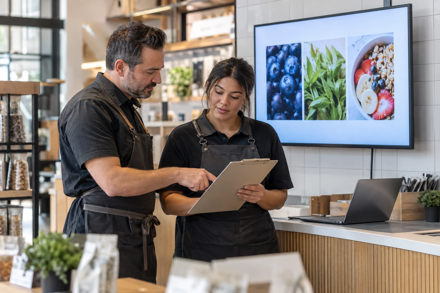 Provider reviewing signage handoff responsibilities with customer staff.