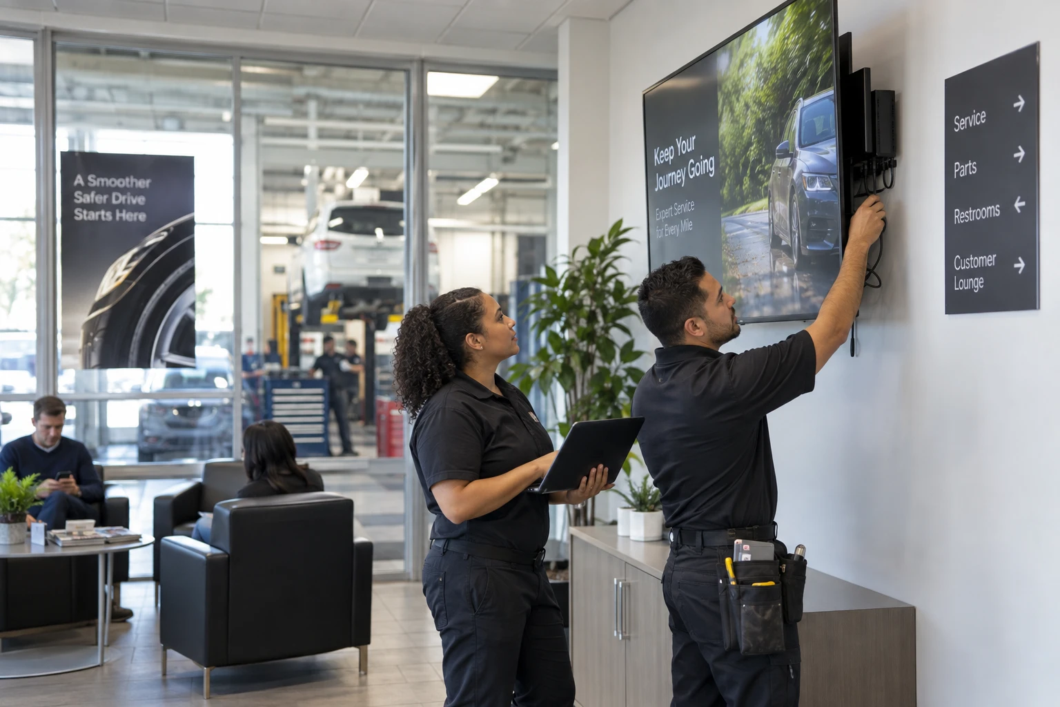 Installers checking a customer signage installation.