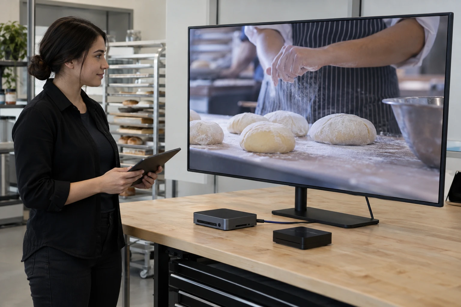Technician testing video playback on a commercial display