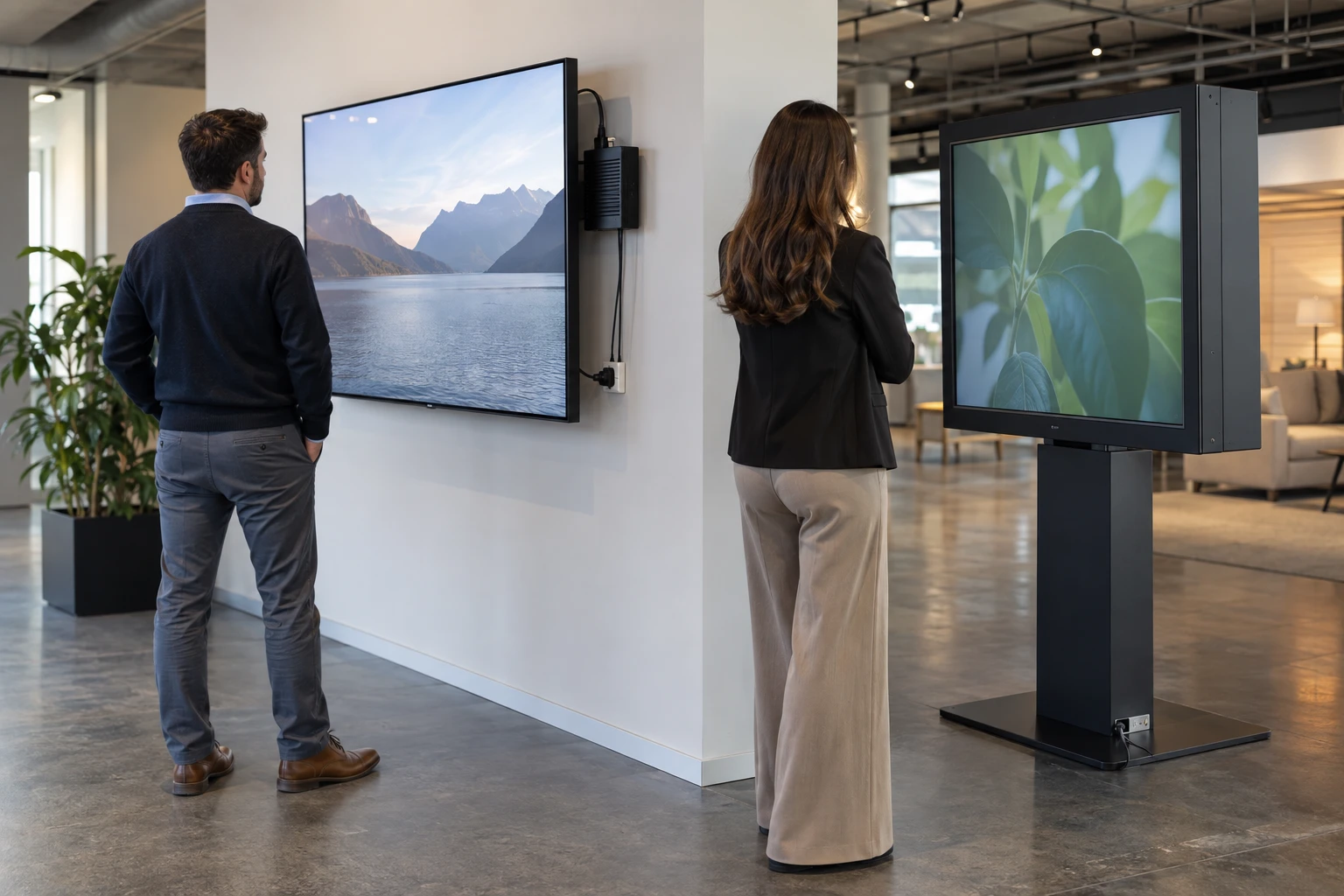 Two commercial displays showing external-player and integrated setups
