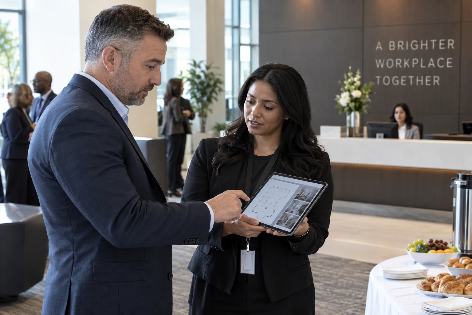 Provider and IT manager discussing signage deployment requirements.