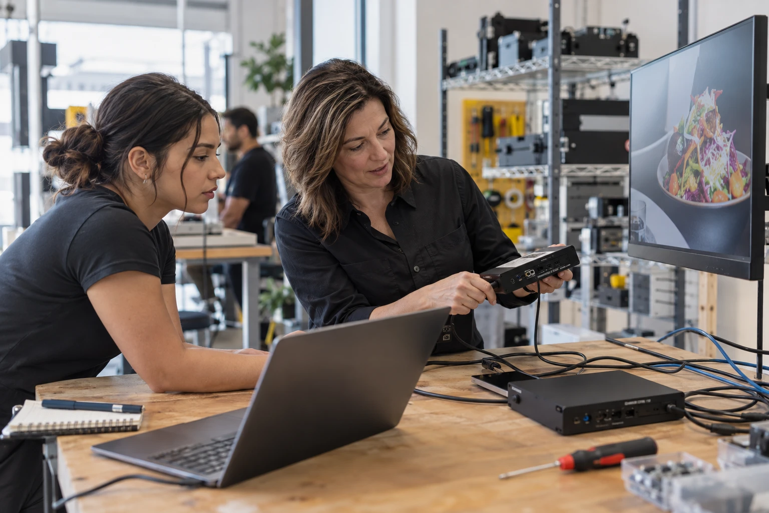 Technician teaching a colleague how to prepare a signage player.