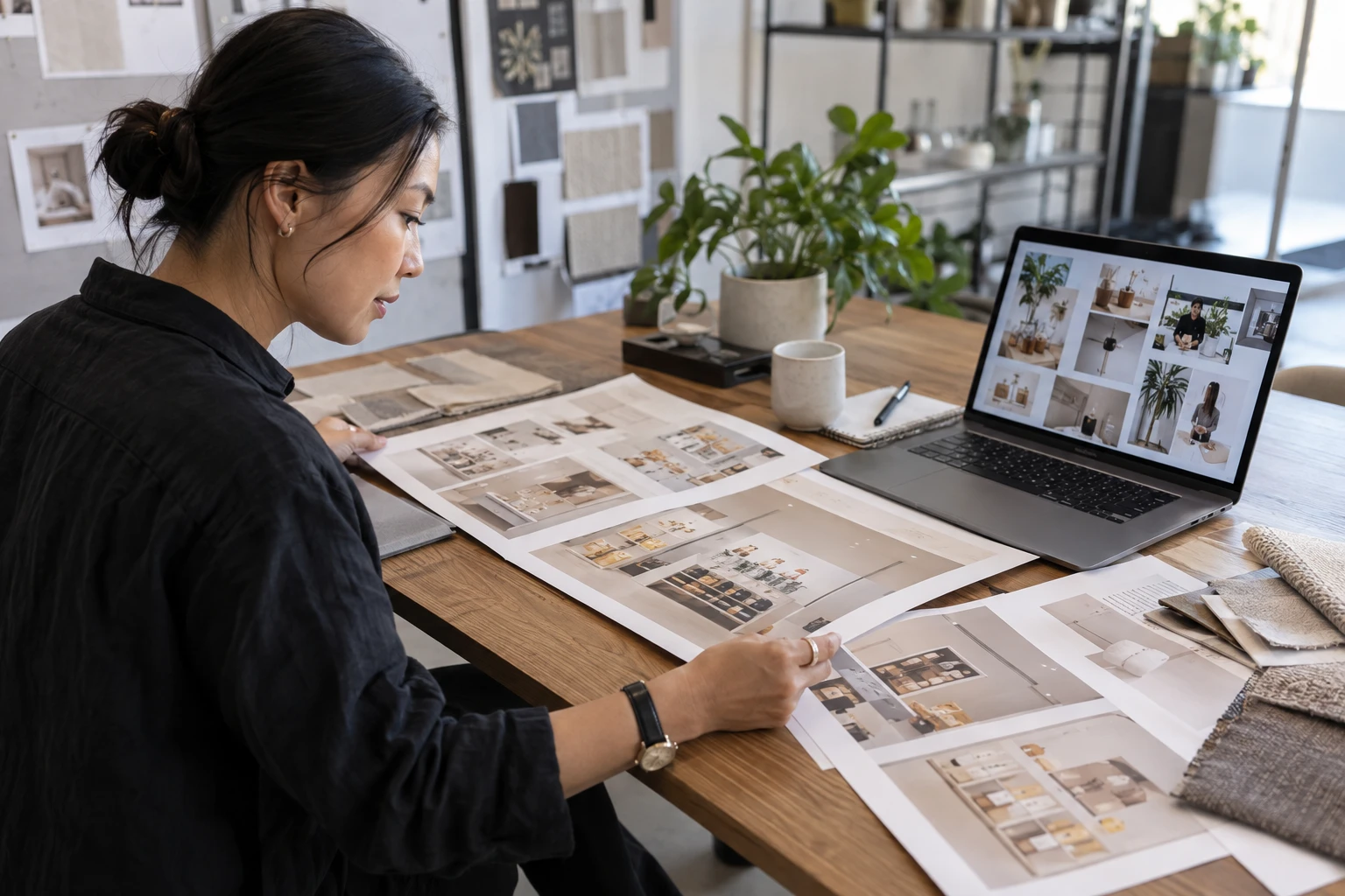 Designer reviewing visual identity materials for a signage service.