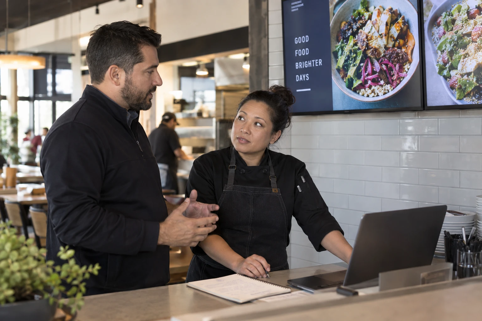 Provider and restaurant owner discussing a signage service package.