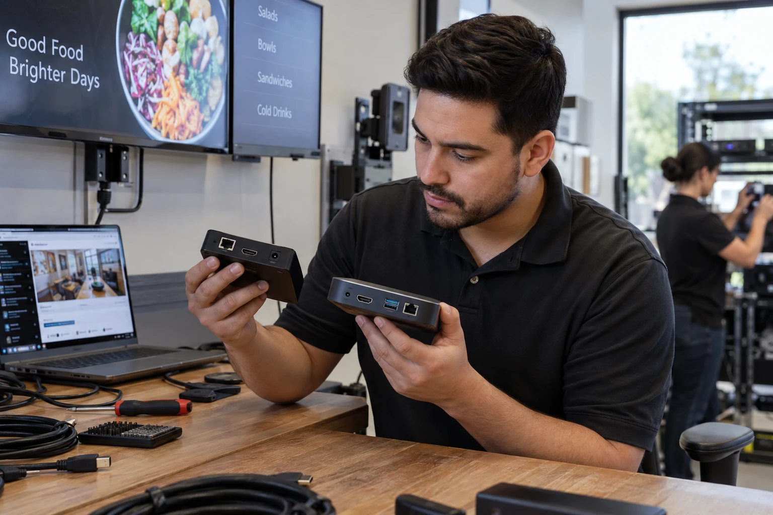 AV technician comparing player and display connections.