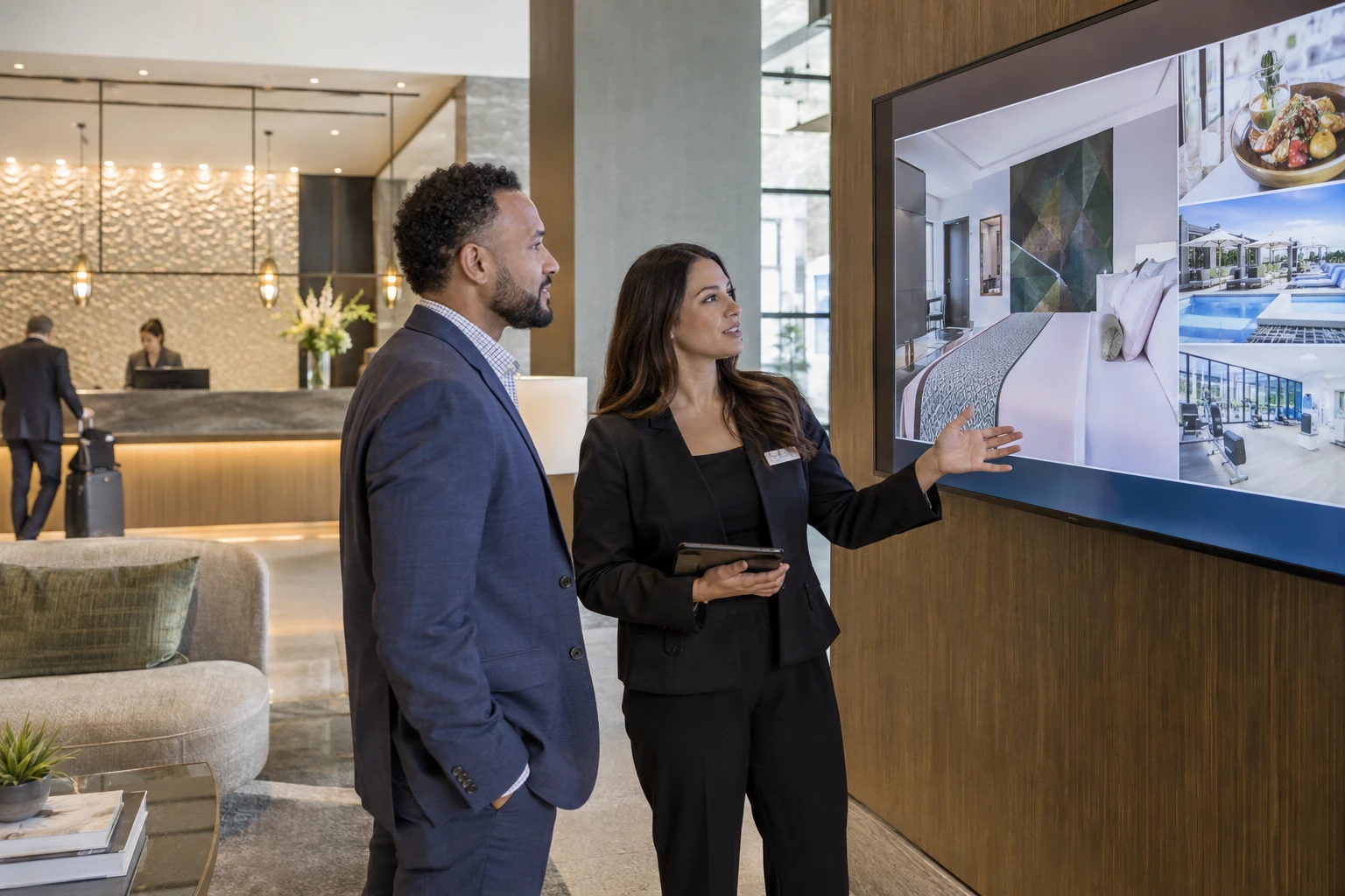 Provider and hotel manager reviewing an existing display.