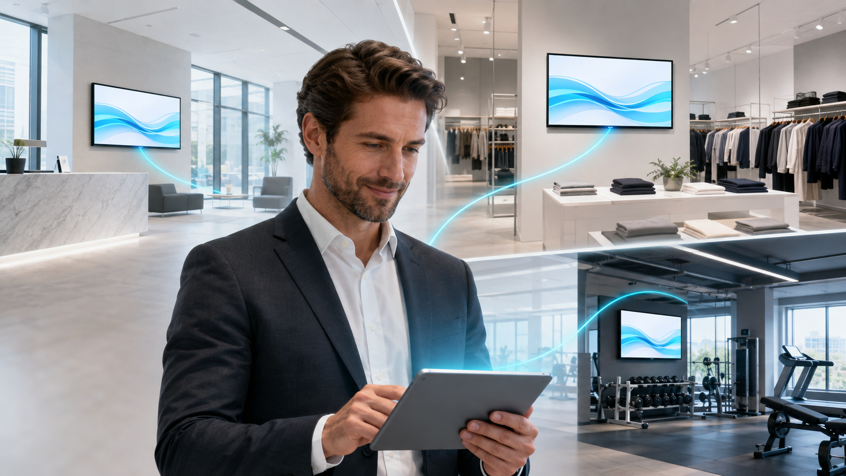 Partner managing connected digital signage across retail, office and fitness locations