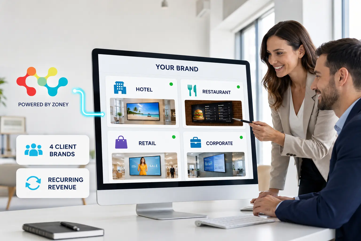 Partner presenting a branded digital signage platform for multiple customer industries