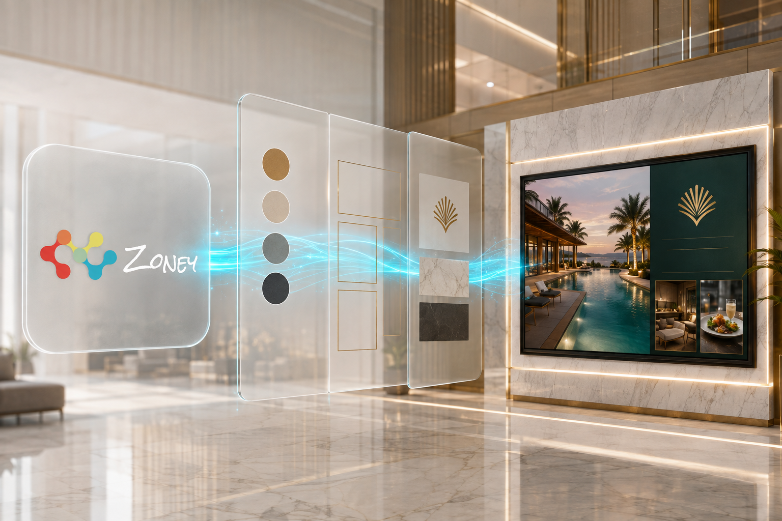 Zoney technology transforming through brand layers into a custom hotel digital signage experience