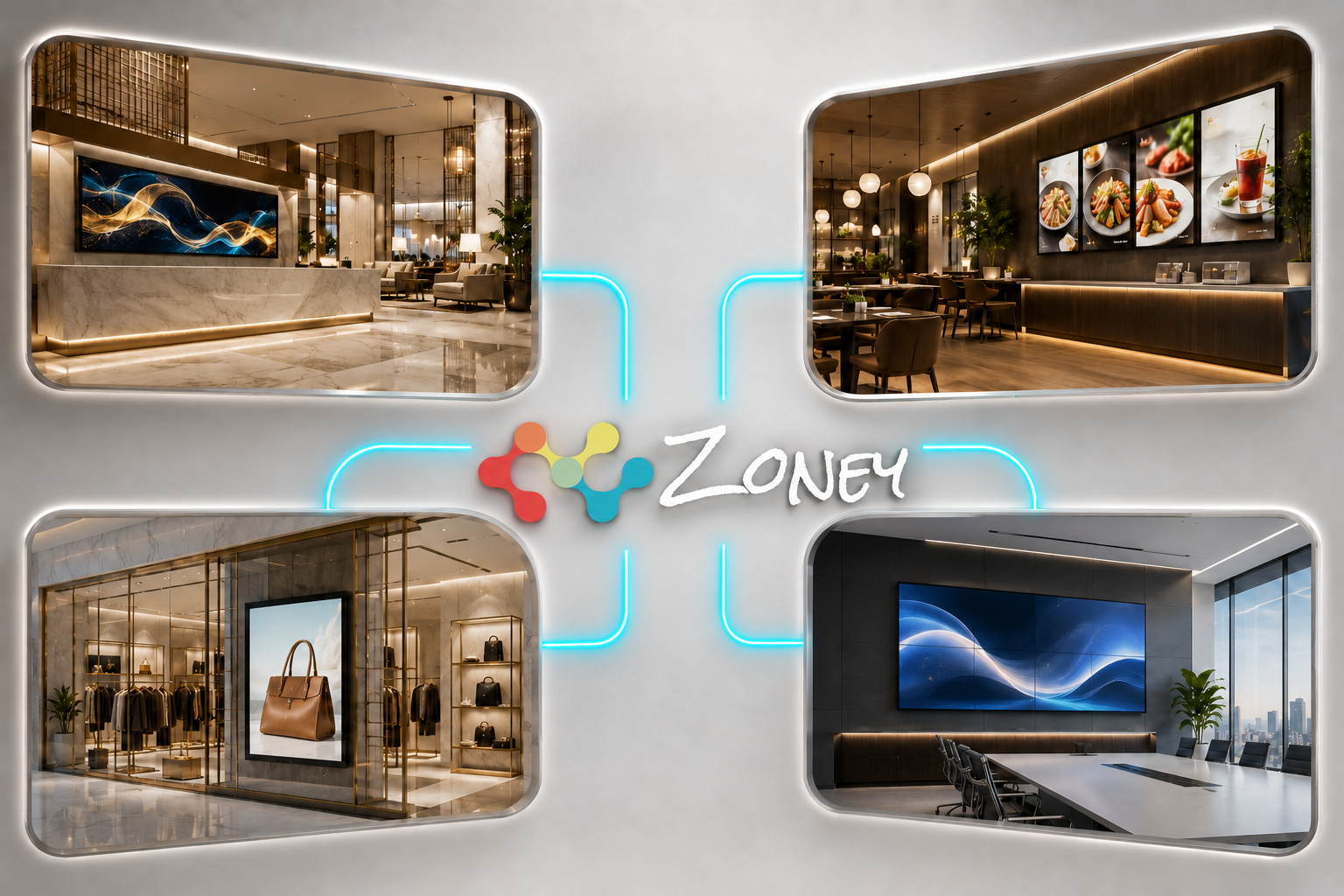 Zoney connecting hotel, restaurant, retail and corporate digital signage environments